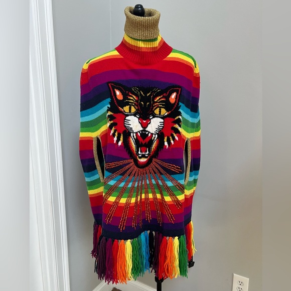 New Gucci Rainbow 100% Wool Poncho with Tiger and crystals fringes L - Picture 4 of 16